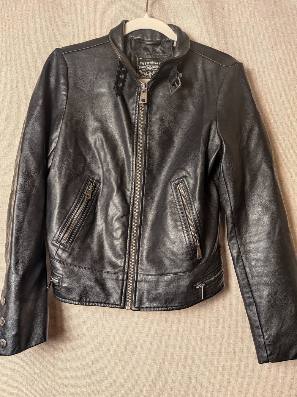 Levi's Black Faux Leather Moto Jacket Cropped Biker Zip Women's Small